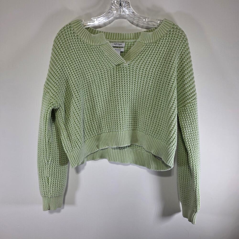 HAUTE HIPPIE Cotton Cropped Boxy Ribbed Sweater Boho Beachy Relaxed Fit Green Lg